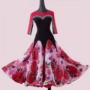 Customized size wine big rose flowers competition ballroom dance dresses for women girls waltz tango foxtrot smooth dance long swing skirts for female